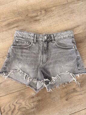 Garage Washed Gray High-Rise Frayed Denim Shorts
